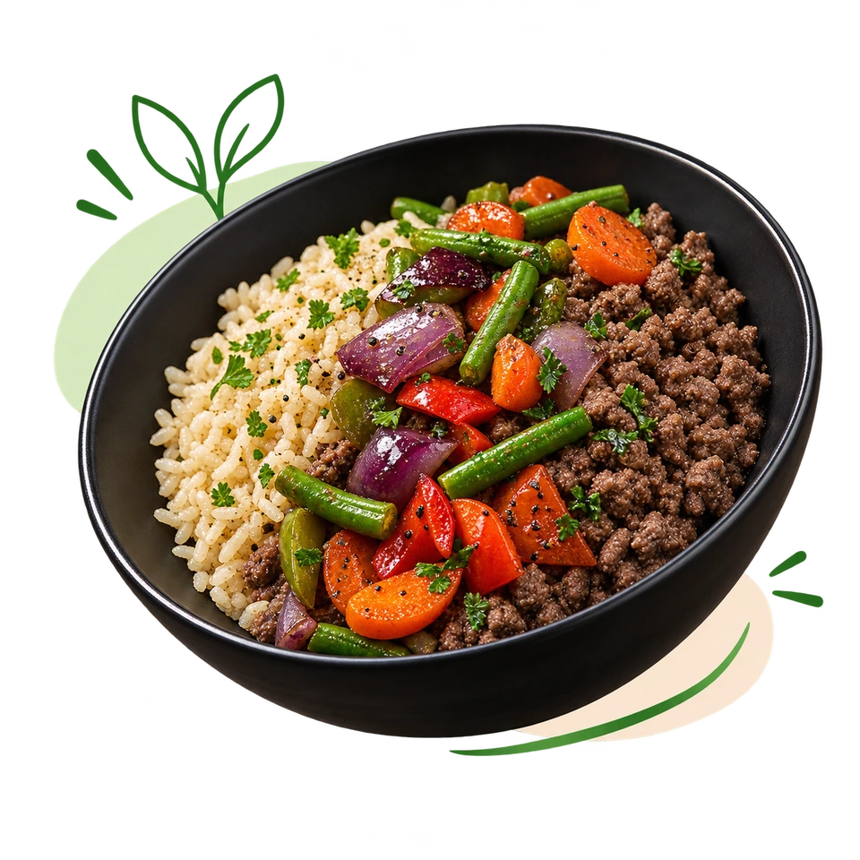 Illustration of a prepared meal bowl with beef, rice, and colorful vegetables.