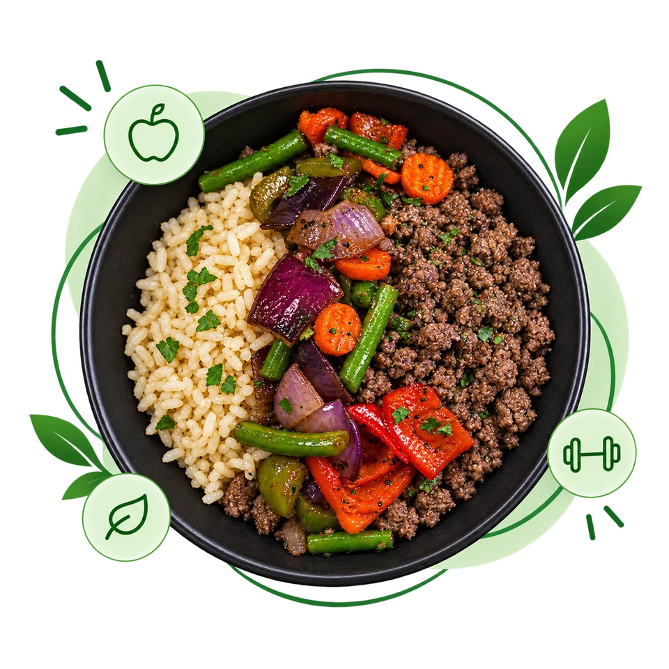 Illustration of a protein-rich beef, rice, and vegetable bowl with green nutrition accents.