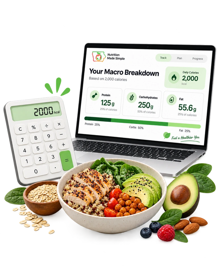 Illustration of a calculator, sample macro breakdown on a laptop, and a balanced meal.